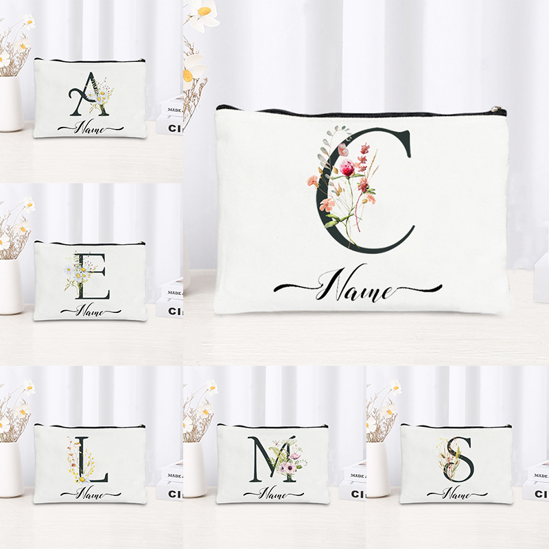 Beauty Makeup Bridal - Personalized Wildflower Initial Canvas Makeup Bag,